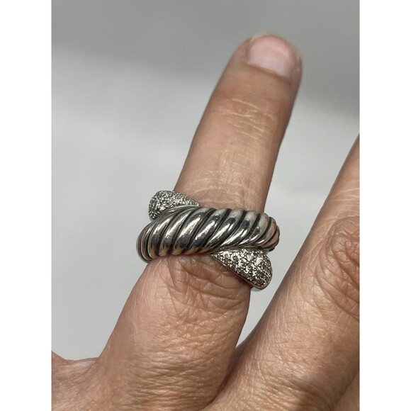 David Yurman Sterling Silver Diamond Cable Crossover Wide Ring Sz 7.25 - Picture 4 of 16
